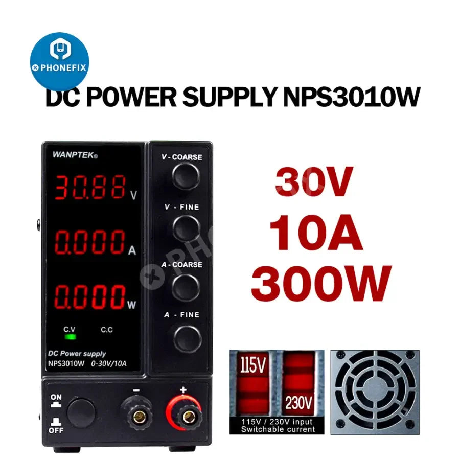 PhoneFix regulated switching DC power supply with adjustable voltage and current for versatile electronic testing and powering projects.