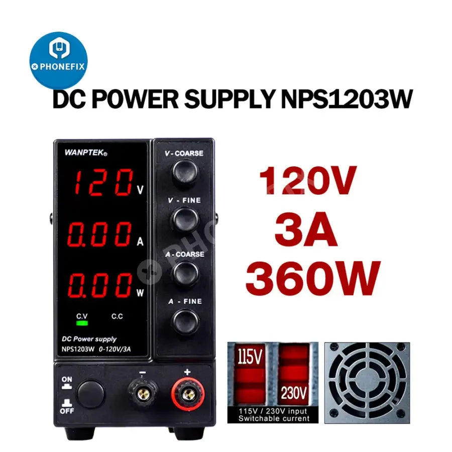 PhoneFix regulated switching DC power supply with variable voltage control, compact design, and digital display for precise power output.