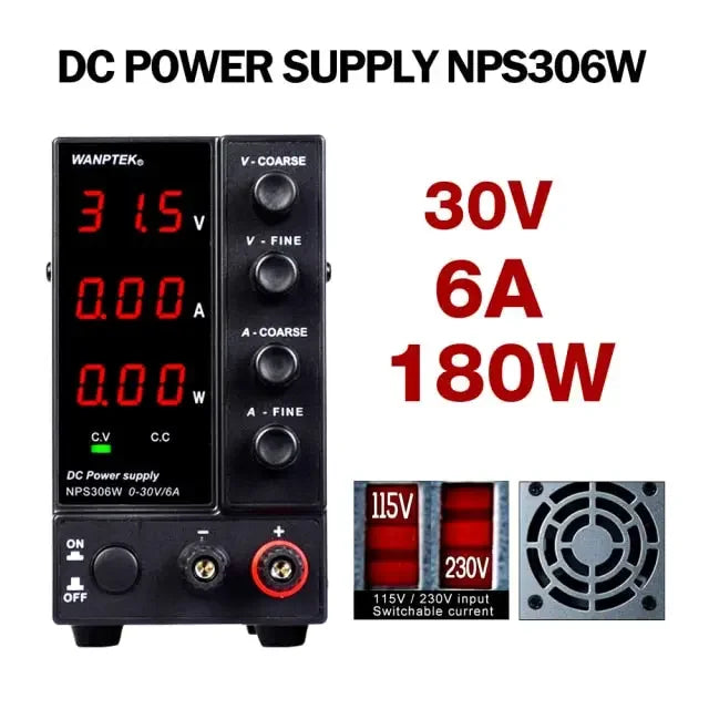 PHONEFIX regulated switching DC power supply with adjustable voltage and current control for electronic testing and development.