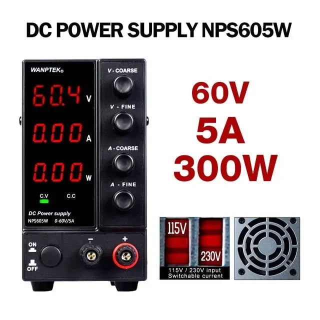 PHONEFIX regulated switching DC power supply with adjustable voltage and current, compact design for electronics testing and experiments.