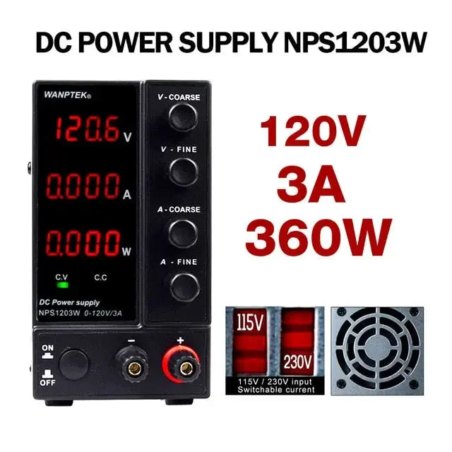 PhoneFix regulated switching DC power supply with adjustable voltage and current output, compact design for electronic testing.