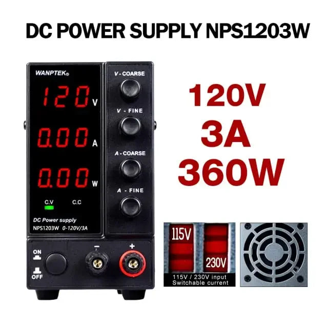 PHONEFIX regulated switching DC power supply with adjustable voltage, compact design, and digital display for precise power output.