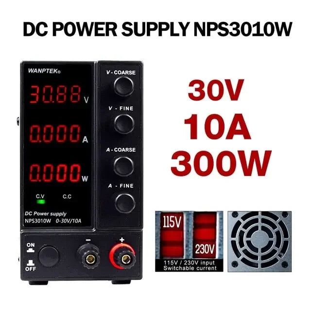 PhoneFix regulated switching DC power supply with adjustable voltage source, compact design for electronic testing and lab use.