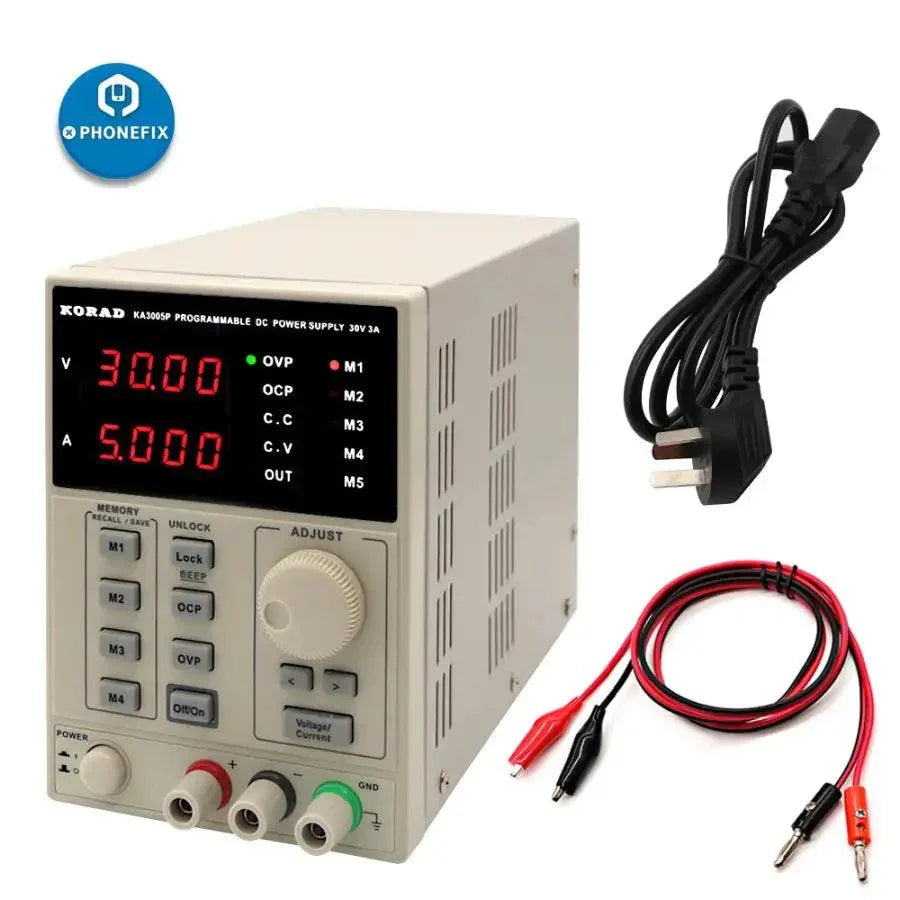 Alimentation CC programmable KORAD KA3005D affichant les réglages de tension et de courant, avec commandes numériques et écran d'affichage.