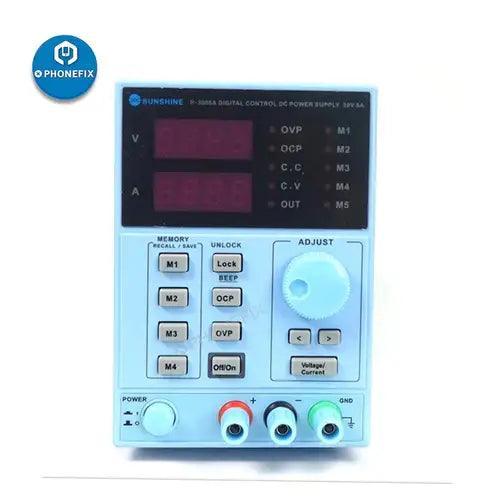 Alimentation CC programmable KORAD KA3005D avec affichage des commandes de tension et de courant, affichage numérique et boutons d'alimentation.