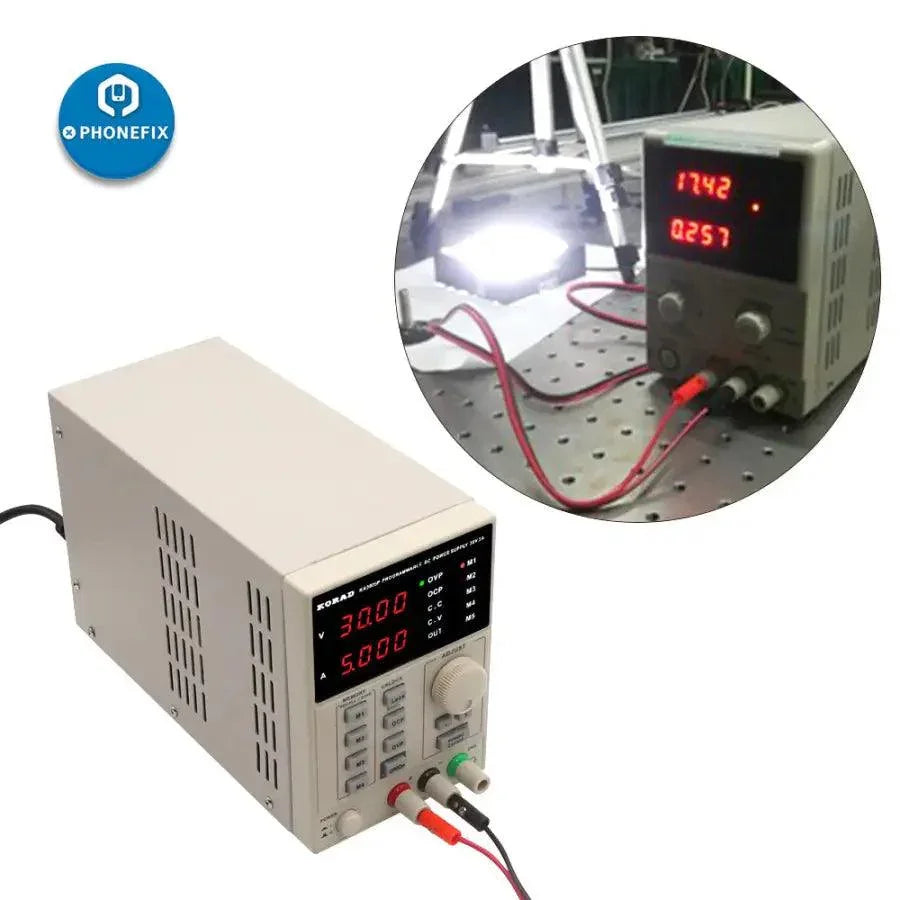 Alimentation CC programmable KORAD KA3005D avec affichage numérique, commandes de tension et de courant, avec sortie 30V et 5A.