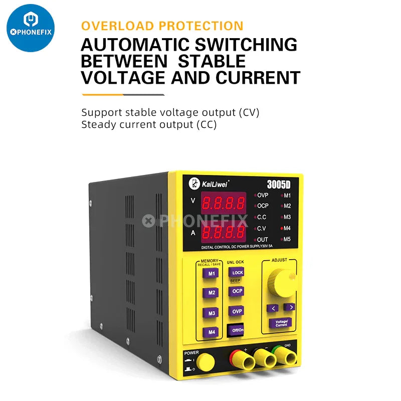 Alimentation CC programmable KORAD KA3005D affichant les réglages de tension et de courant, avec un écran numérique et des boutons de commande.