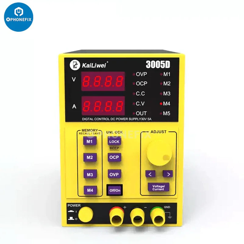 Alimentation CC programmable KORAD KA3005D affichant une sortie de 30 V et 5 A avec commandes numériques et réglages de puissance.