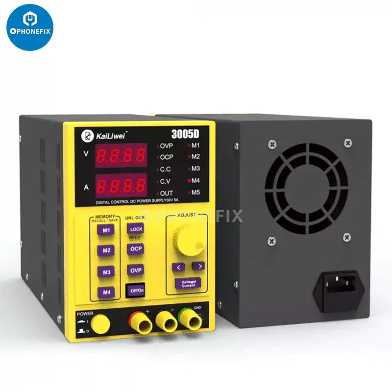 Alimentation CC programmable KORAD KA3005D affichant les réglages de tension et de courant, avec une interface numérique et des boutons de commande.