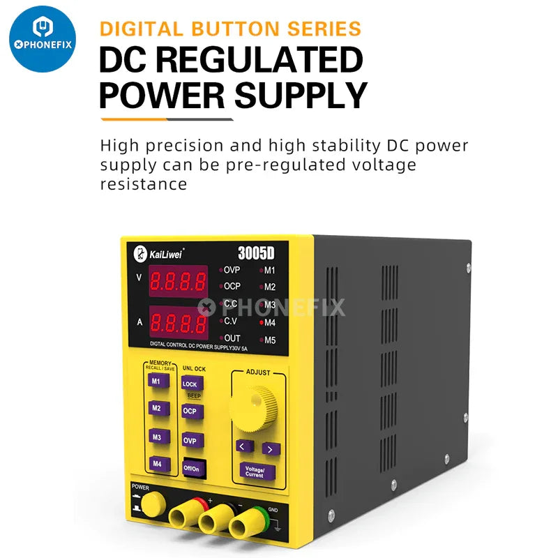 Alimentation CC programmable KORAD KA3005D avec affichage des commandes de tension et de courant, de marque PHONEFIX, capacité 30V 5A.