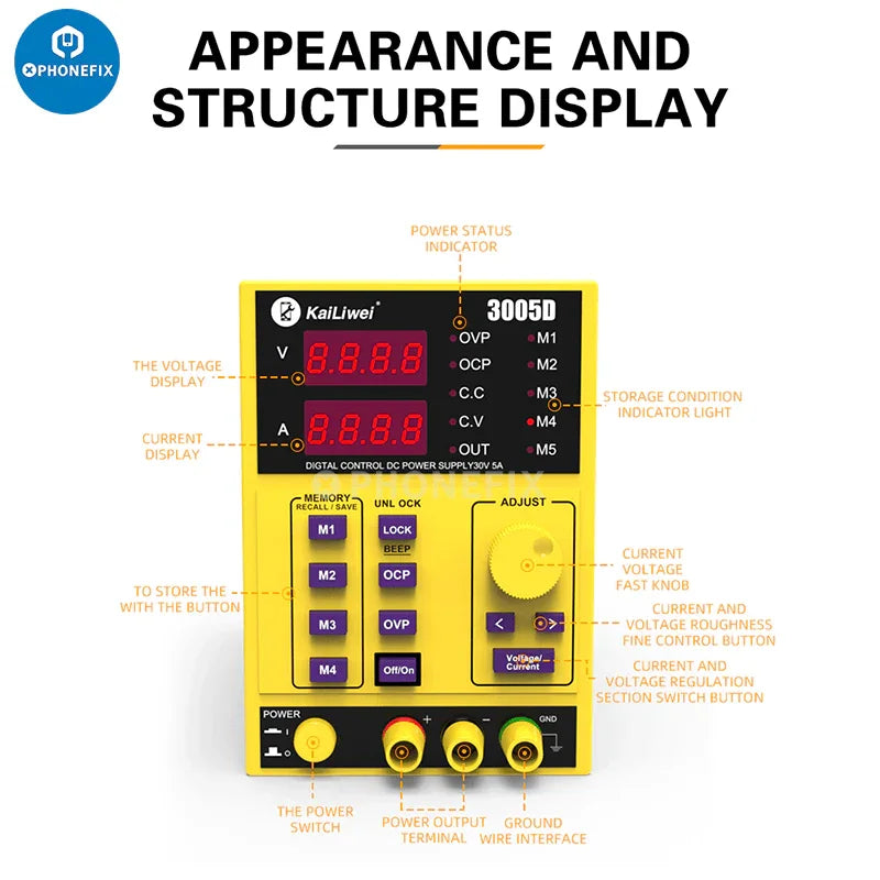 Alimentation CC programmable KORAD KA3005D affichant les réglages de tension et de courant, avec le logo de la marque visible.