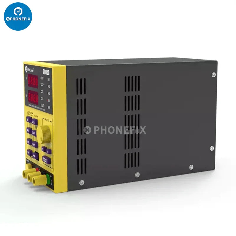 Alimentation CC programmable KORAD KA3005D affichant les réglages de tension et de courant, avec étiquette de marque visible.