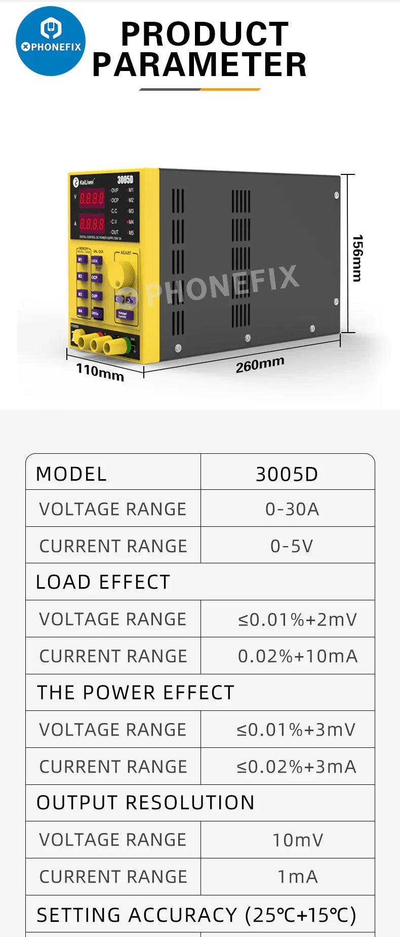 Alimentation CC programmable KORAD KA3005D 30V 5A avec affichage numérique, utilisée pour les tests et la réparation électroniques.