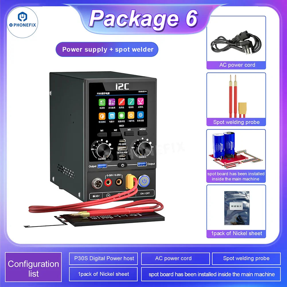 PhoneFix i2C P30 P30S digital DC power supply with multi-function phone repair platform and six test spots on the setup board.