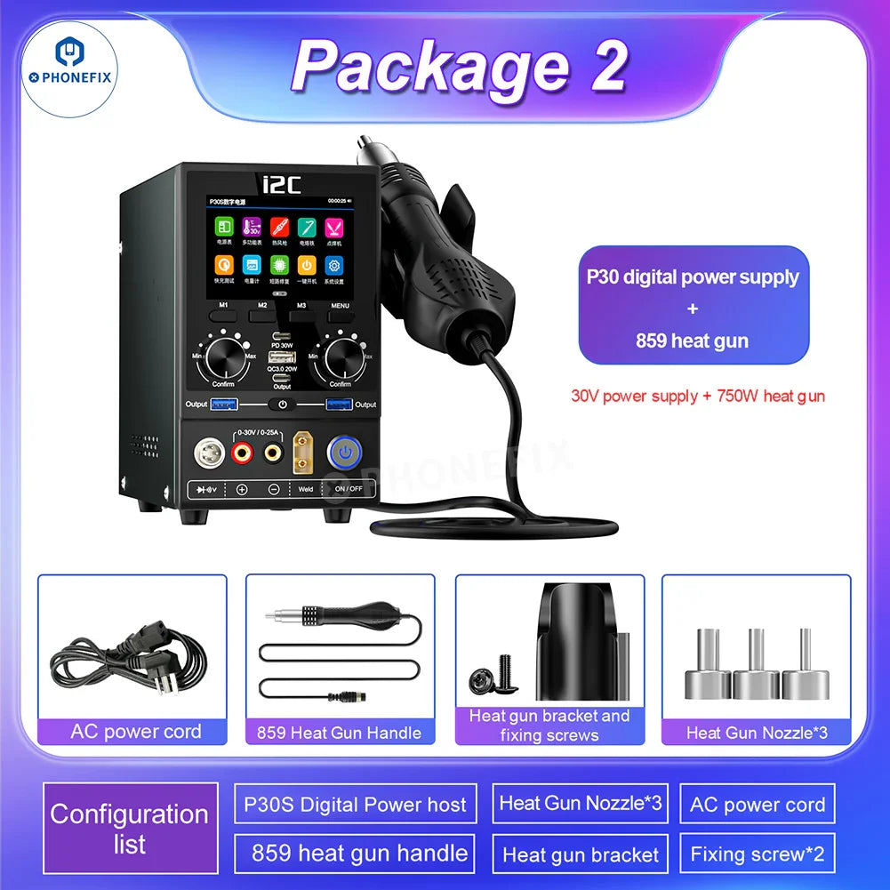 i2C P30S digital DC power supply from PHONEFIX, multi-function phone repair platform with control knobs and digital display.
