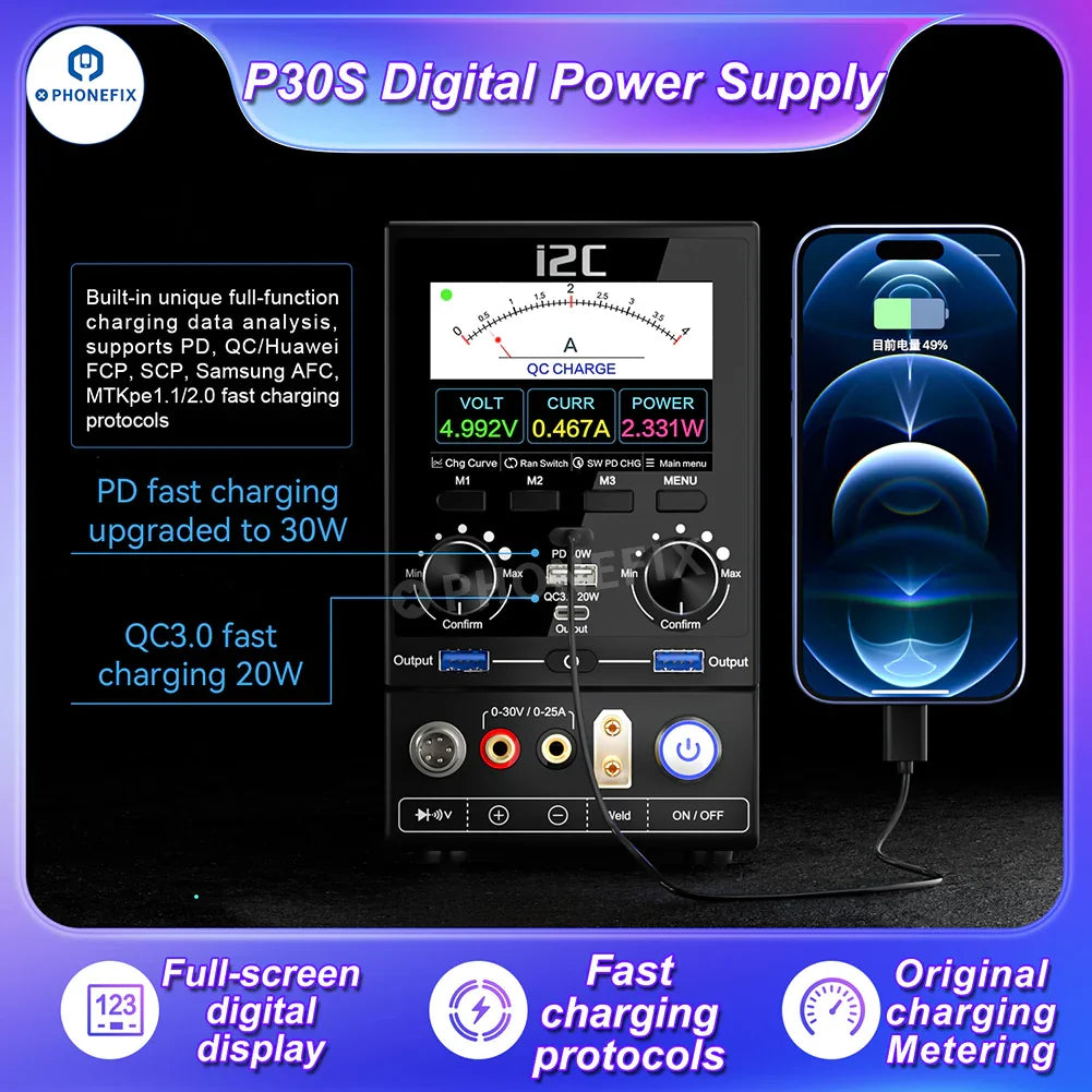 PHONEFIX i2C P30 P30S digital DC power supply for phone repair, showing multi-function phone repair platform with display and controls.