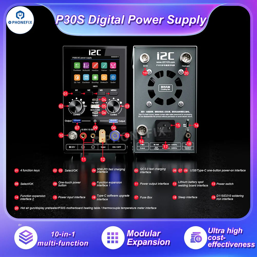 PhoneFix i2C P30 P30S digital DC power supply for phone repair, featuring multi-function platform for precise power testing and charging.