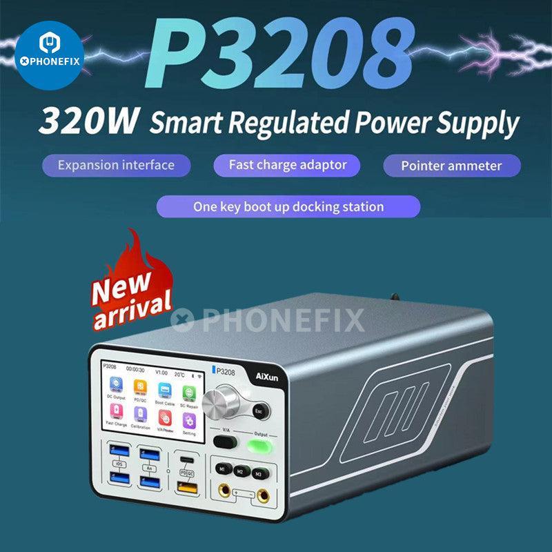 AiXun P3208 intelligent smart regulated DC power supply showing a compact black unit with control knobs and digital display.