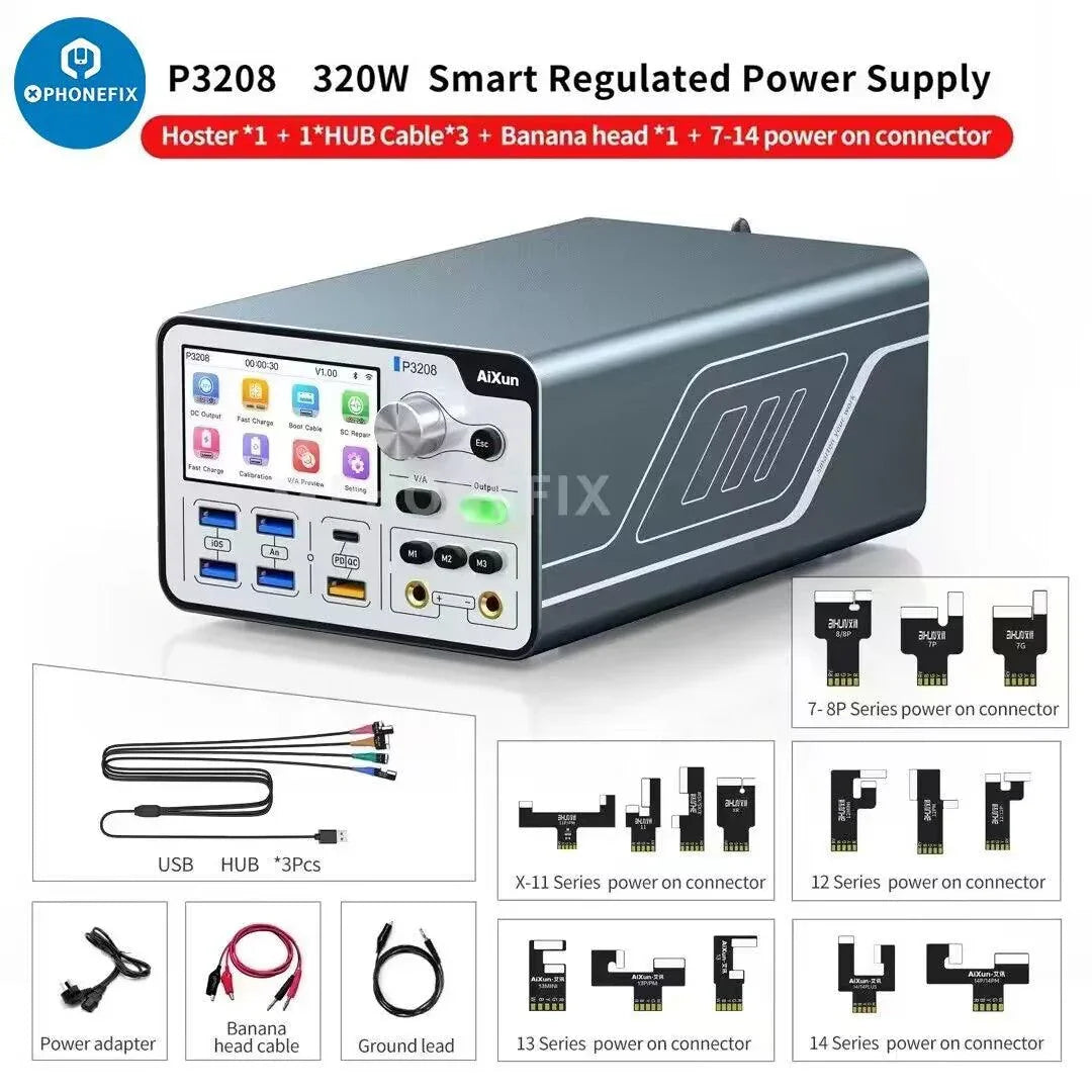 AiXun P3208 intelligent smart regulated DC power supply with 320W high power, shown with connected cables and control panel.