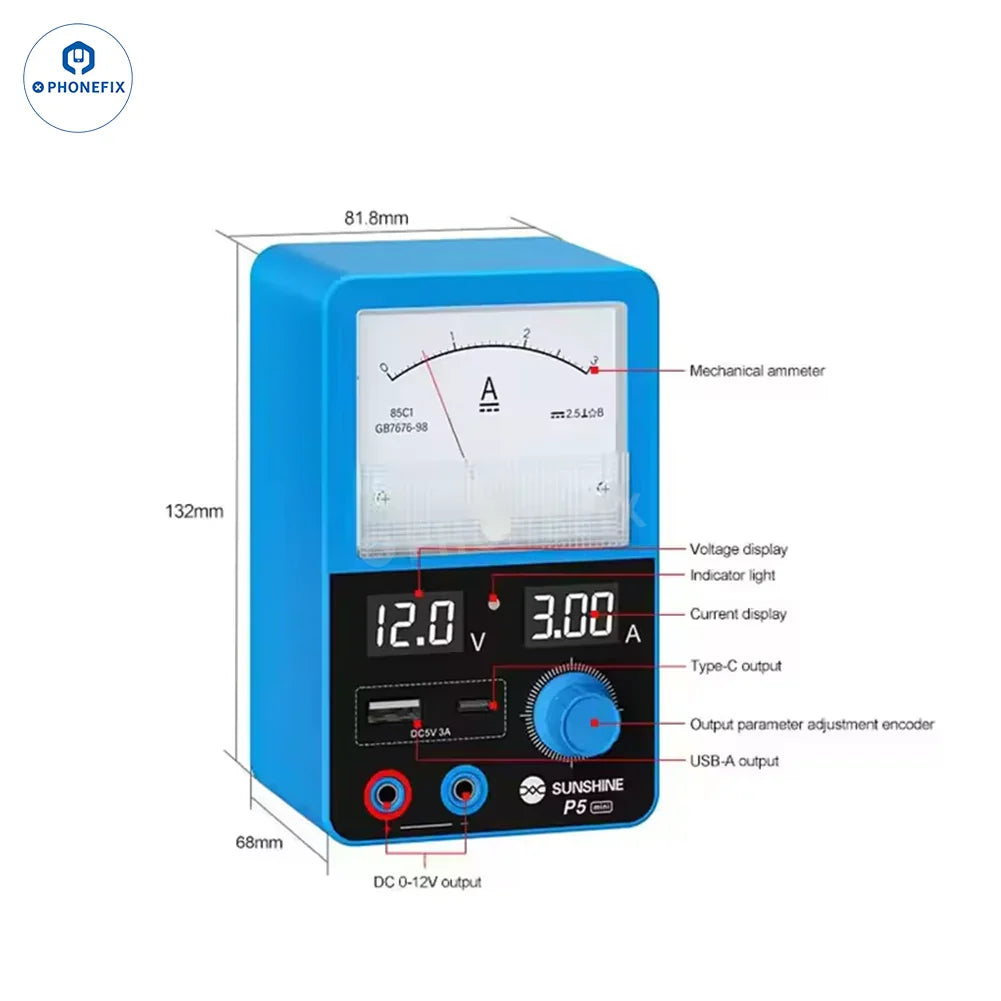 PhoneFix Sunshine P5 Mini 5V 3A DC power supply for mobile phone repair, with compact design and input/output ports.