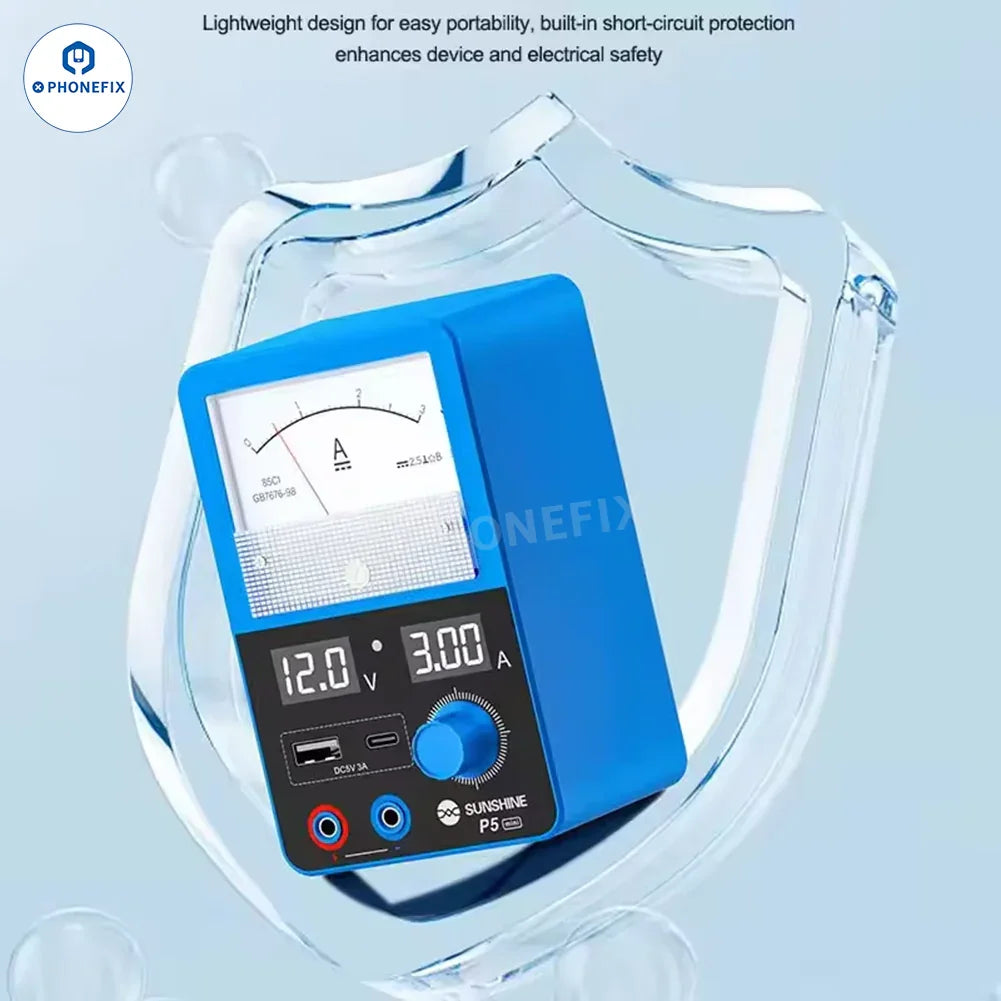PHONEFIX SUNSHINE P5 Mini 5V 3A smart DC power supply for mobile phone repair, compact and portable device with display screen