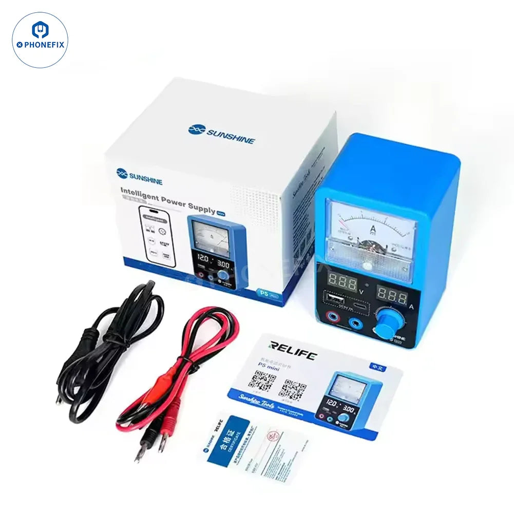SUNSHINE P5 Mini 5V 3A smart DC power supply for mobile phone repair, branded PHONEFIX, with connectors and display visible.