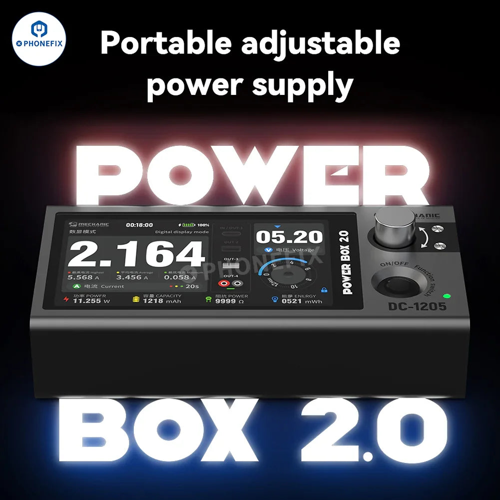 PhoneFix Mechanic Power Box 2.0 DC-1205 portable 12V 5A power supply with cables and control panel in view.