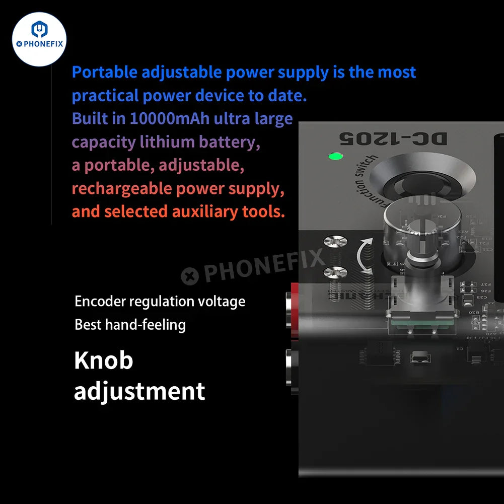 Fuente de alimentación portátil PhoneFix Mechanic Power Box 2.0 DC-1205 de 12 V y 5 A con panel de control y puertos de conexión.