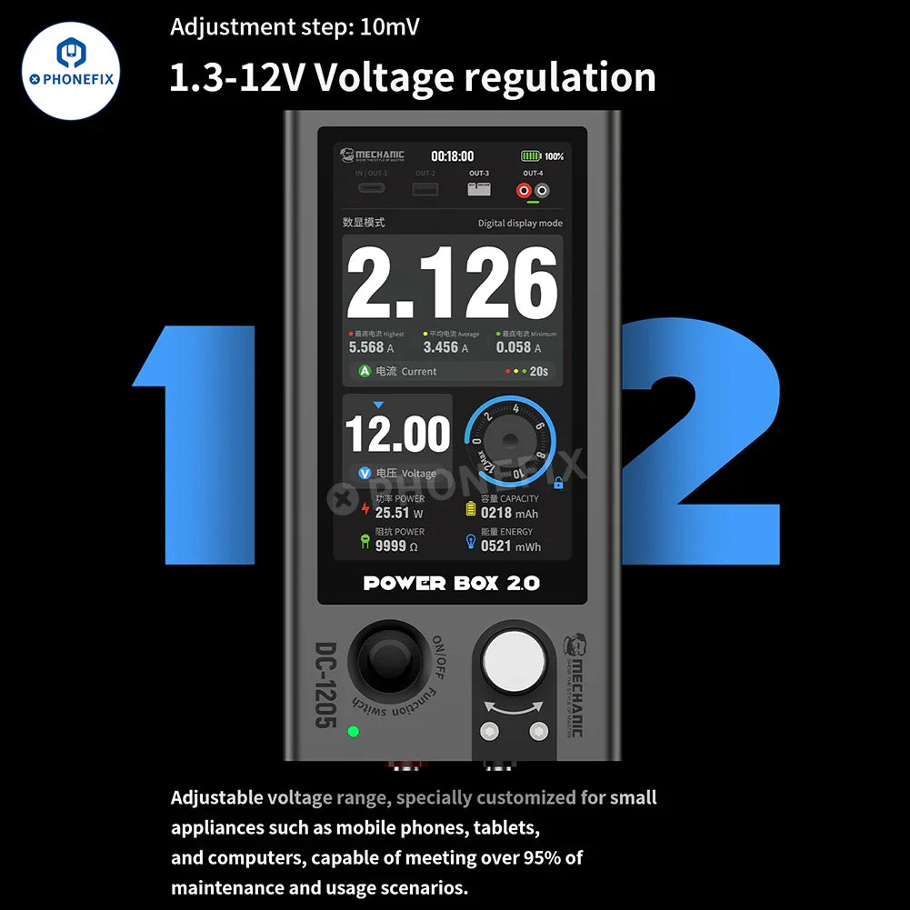 Fuente de alimentación portátil PhoneFix Mechanic Power Box 2.0 DC-1205 de 12 V y 5 A con pantalla digital y puertos de salida de alimentación.