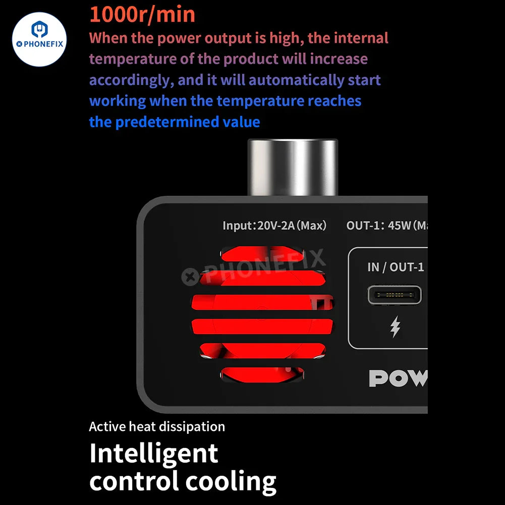 Fuente de alimentación portátil PhoneFix Mechanic Power Box 2.0 DC-1205 de 12 V y 5 A con diseño compacto y múltiples puertos de conexión.