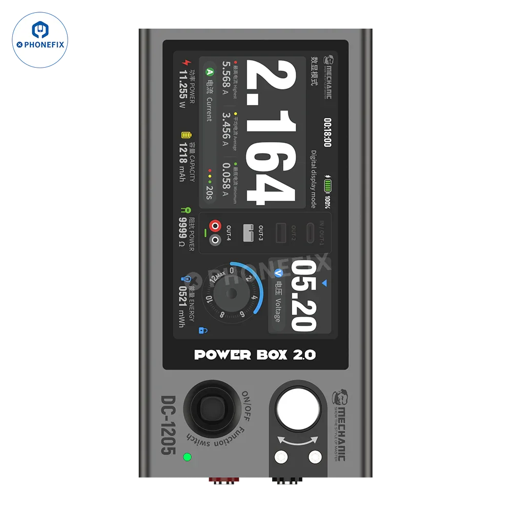 PhoneFix Mechanic Power Box 2.0 DC-1205 portable 12V 5A power supply with display and control buttons on compact device.