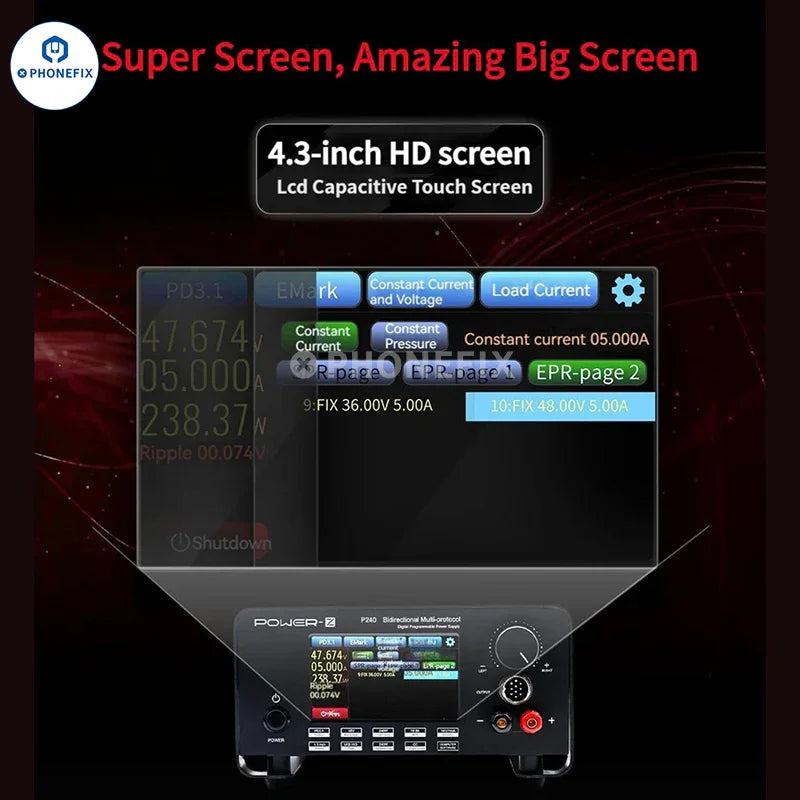 PHONEFIX POWER-Z P240 multi-protocol bidirectional digital DC power supply with display and control buttons.