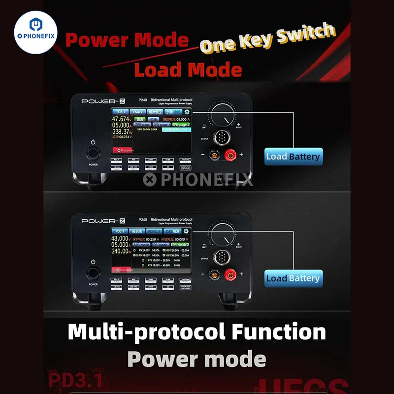 PHONEFIX POWER-Z P240 multi-protocol bidirectional DC power supply showing digital display and connection ports.