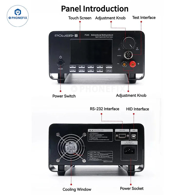 PHONEFIX POWER-Z P240 multi-protocol bidirectional DC power supply with digital display and multiple connection ports.