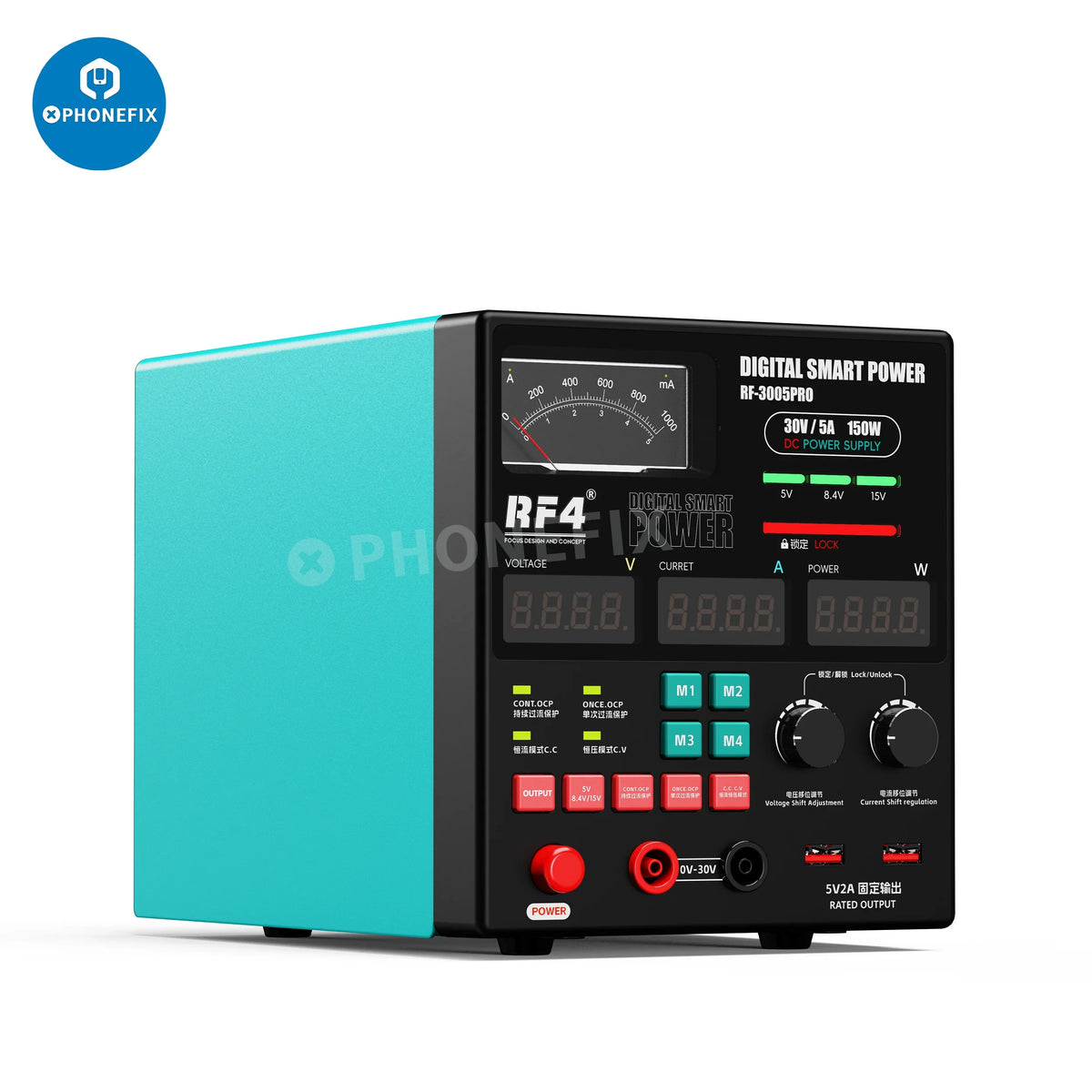 PHONEFIX RF4 3005D 3005PRO digital smart DC power supply with 30V, 5A, 150W output, shown on a workbench.