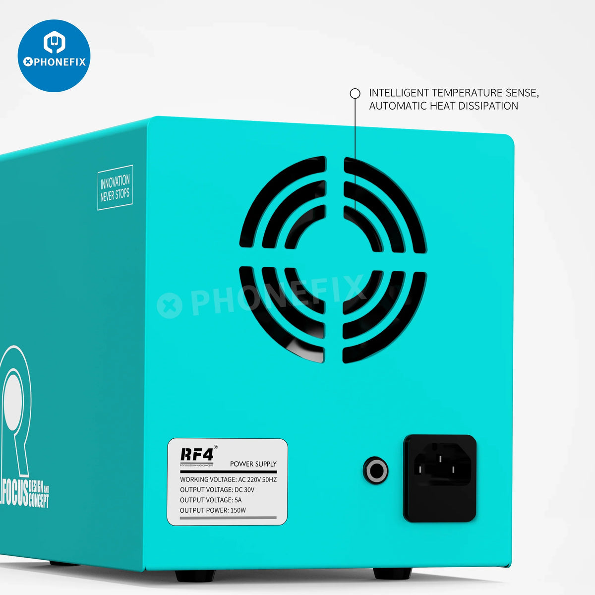 PhoneFix RF4 3005D 3005PRO digital smart DC power supply showing front panel with voltage and current controls, 30V 5A output