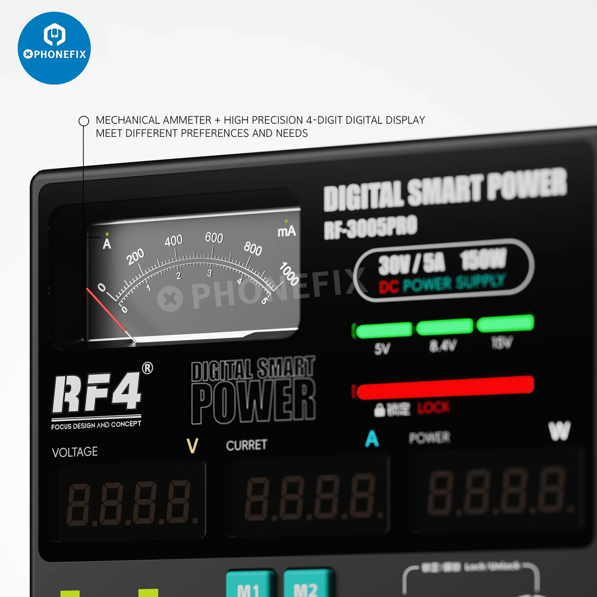PHONEFIX RF4 3005D 3005PRO digital smart DC power supply, 30V 5A 150W, showing front panel with control knobs and display.