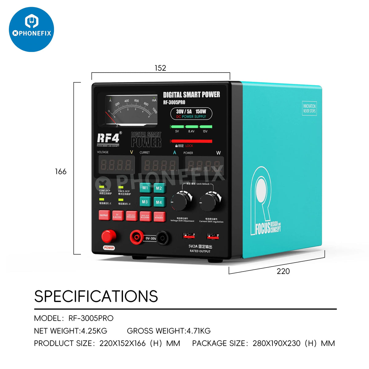 PHONEFIX RF4 3005D 3005PRO digital smart DC power supply showing front panel with voltage and current controls.