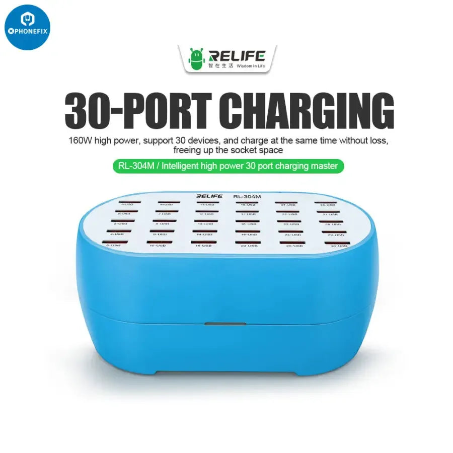 PHONEFIX RL-304M 160W USB Charging Hub with 30 ports, DC power supply for fast and efficient device charging.