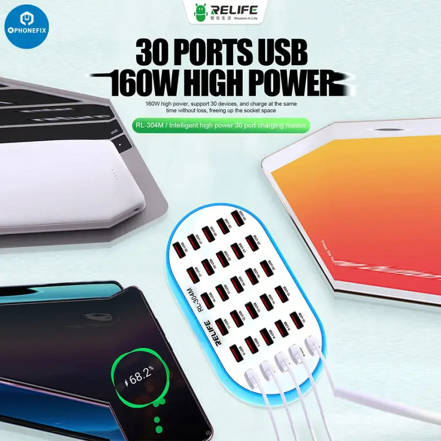 PHONEFIX RL-304M 160W USB Charging Hub with 30 ports, smart lightning charger and DC power supply for efficient device charging.