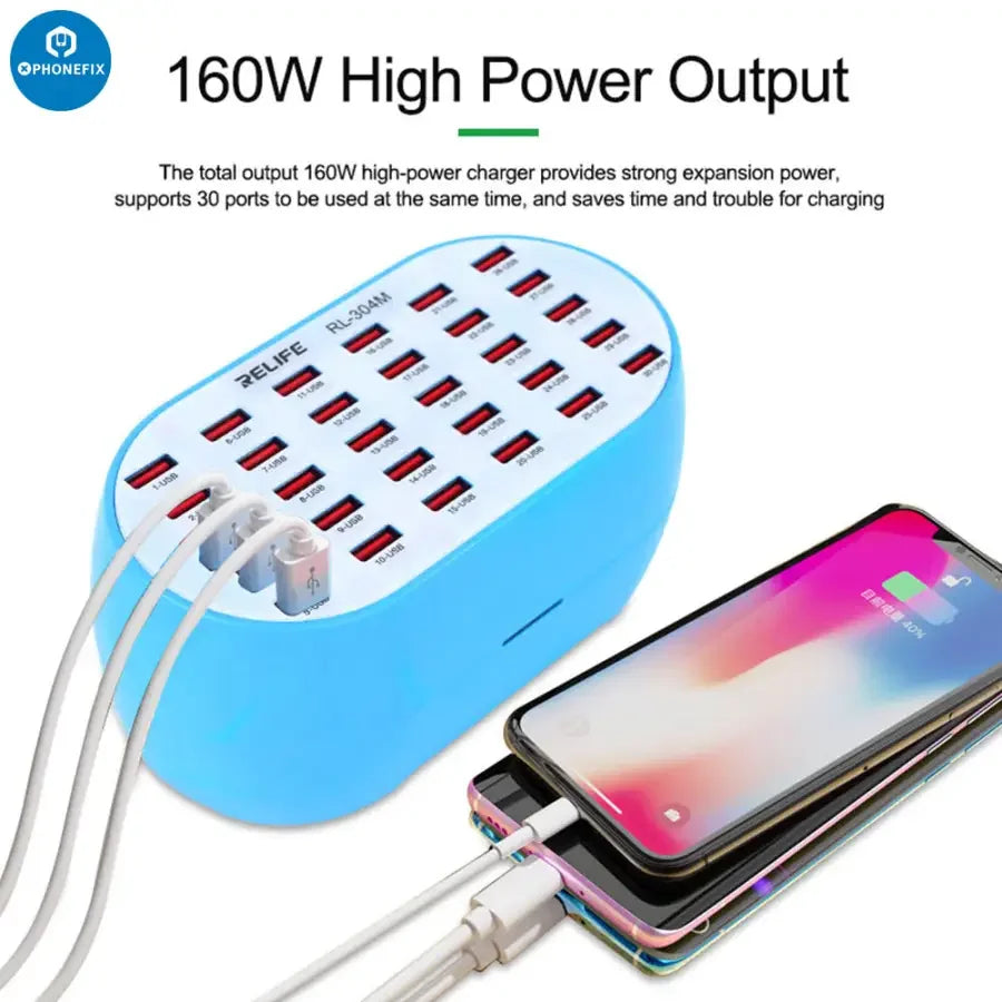 PhoneFix RL-304M 160W USB charging hub with 30 ports, smart lightning charger and DC power supply for multiple device charging.