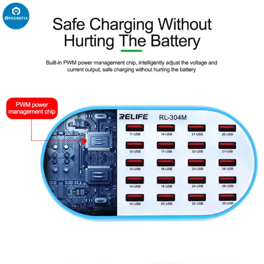 PHONEFIX RL-304M 160W USB charging hub with 30 ports, DC power supply, smart lightning charger for multiple device charging