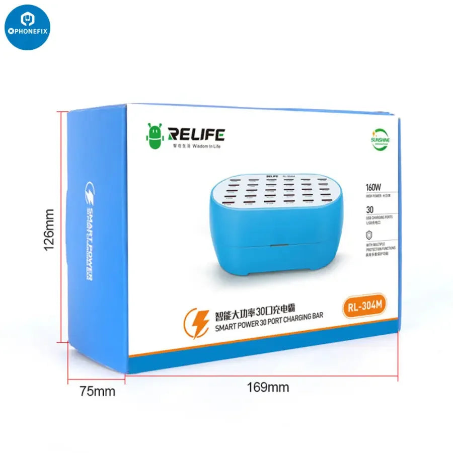 PHONEFIX RL-304M 160W USB Charging Hub with 30 ports, compact DC power supply for fast, smart device charging.