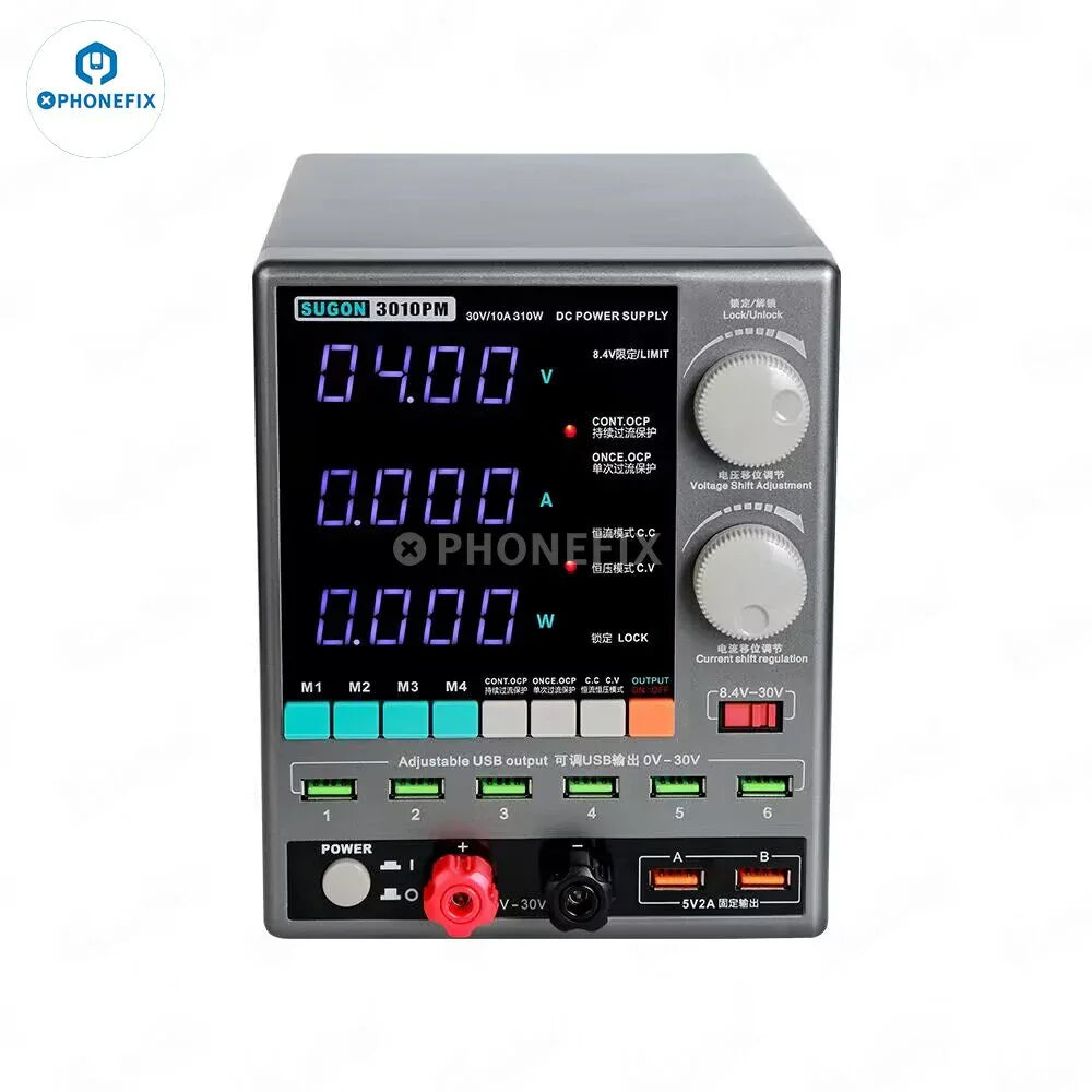 PHONEFIX SUGON 3010PM 310W DC power supply with 4-digit display, adjustable voltage and current for electronic testing.