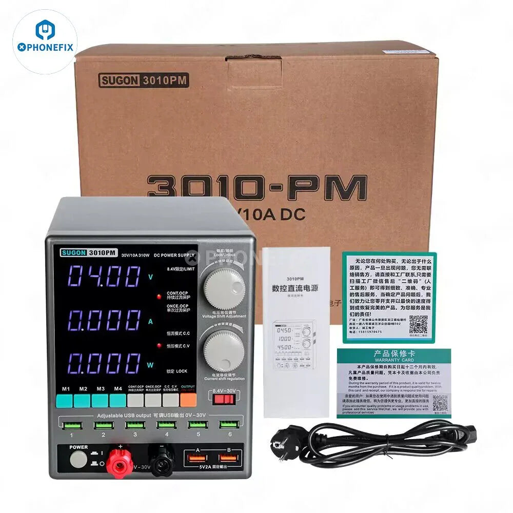 PhoneFix SUGON 3010PM 310W DC power supply with 4-digit display, 30V 10A output, compact design for electronic testing.