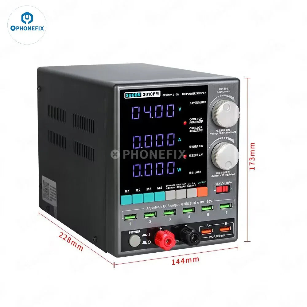 PhoneFix SUGON 3010PM 310W DC power supply with 30V 10A output and 4-digit display, ideal for electronic testing and lab use.