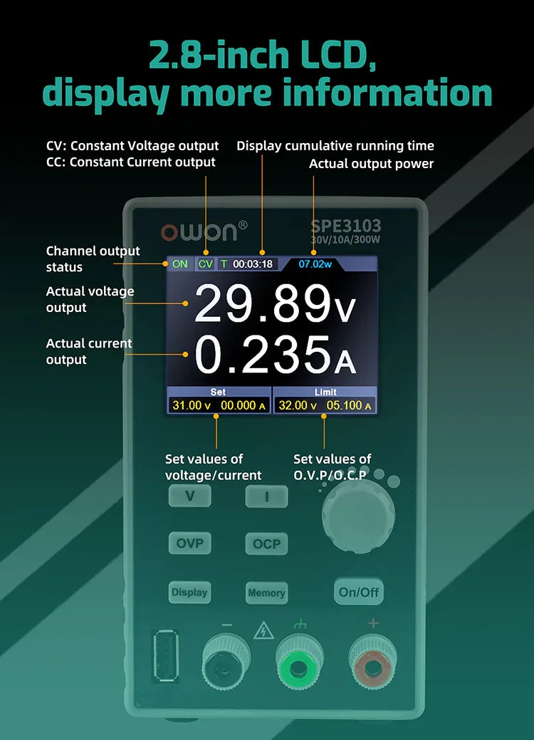 OWON SPE3102/3051 programmable lab DC power supply showing digital display and control knobs, rated 0-30V 0-10A.