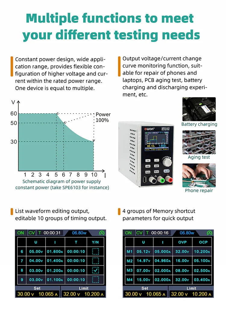 OWON SPE3102/3051 programmable lab DC power supply showing digital display and control knobs for adjustable voltage and current.