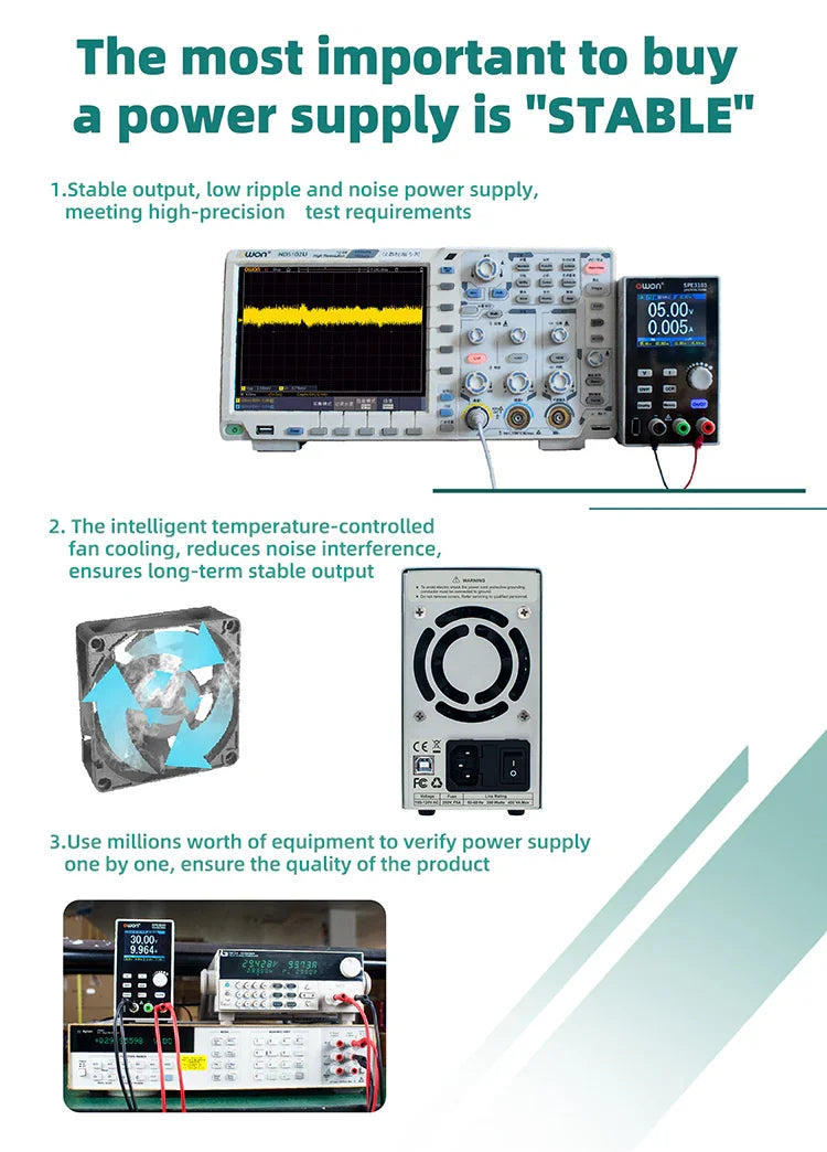 PHONEFIX OWON SPE3102/3051 programmable lab DC power supply with voltage up to 30V and current up to 10A, shown on the device.
