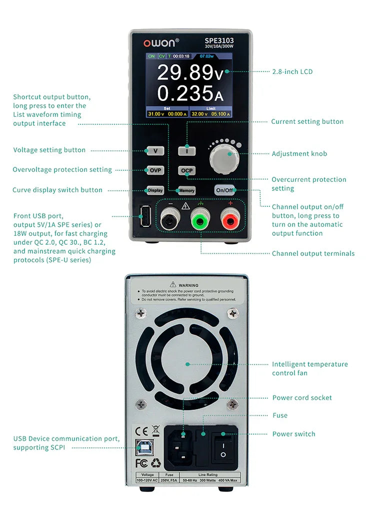 OWON SPE3102/3051 programmable lab DC power supply displaying voltage and current settings on a digital screen.
